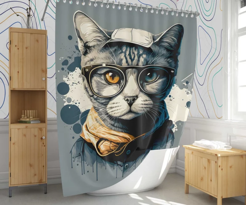 Cute Hand-Drawn Pop Art Cat Shower Curtain 1