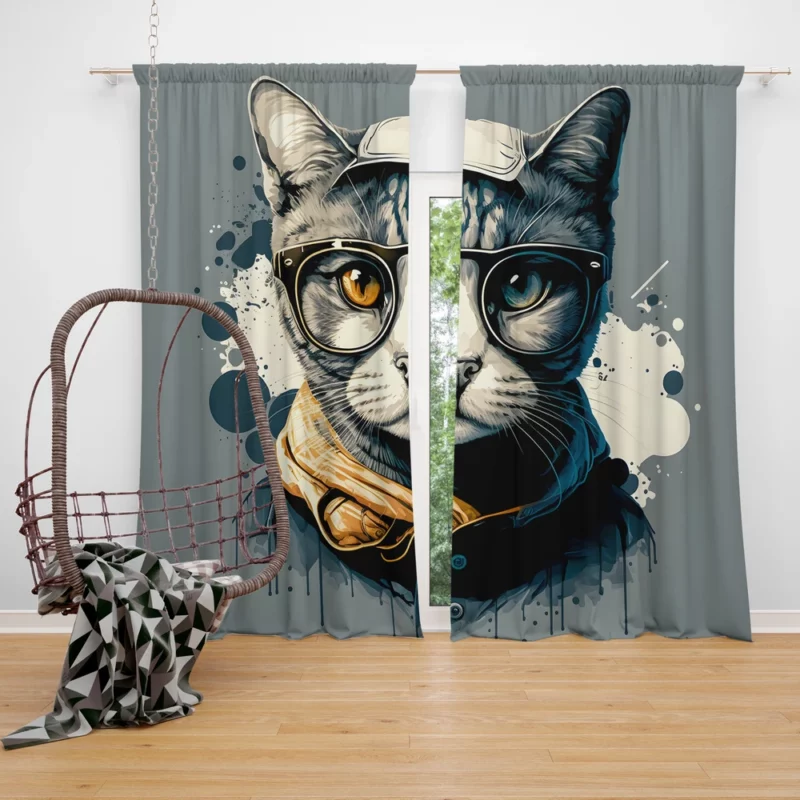 Cute Hand-Drawn Pop Art Cat Window Curtain