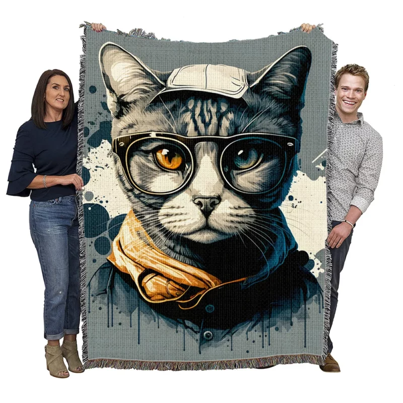 Cute Hand Drawn Pop Art Cat Woven Blanket