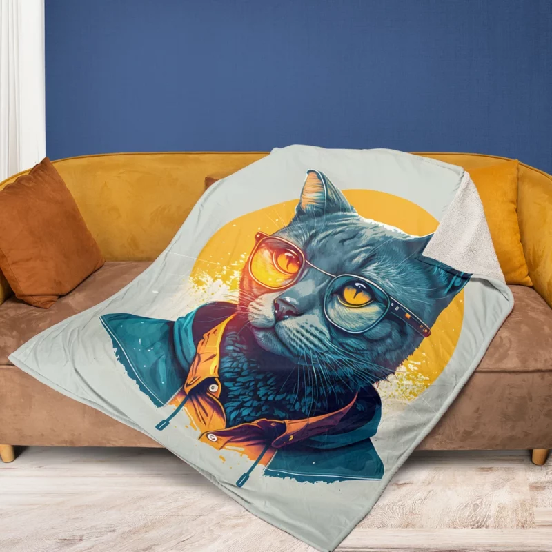 Cute Hipster Pop Art Cat Fleece Blanket 1