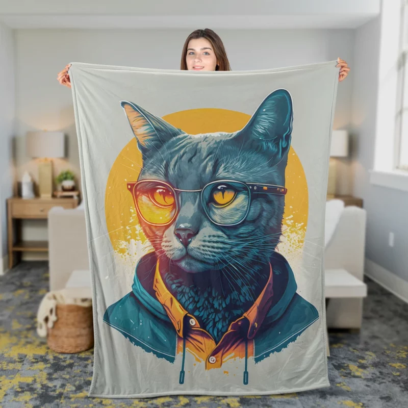 Cute Hipster Pop Art Cat Fleece Blanket 2