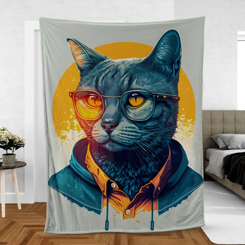 Cute Hipster Pop Art Cat Fleece Blanket