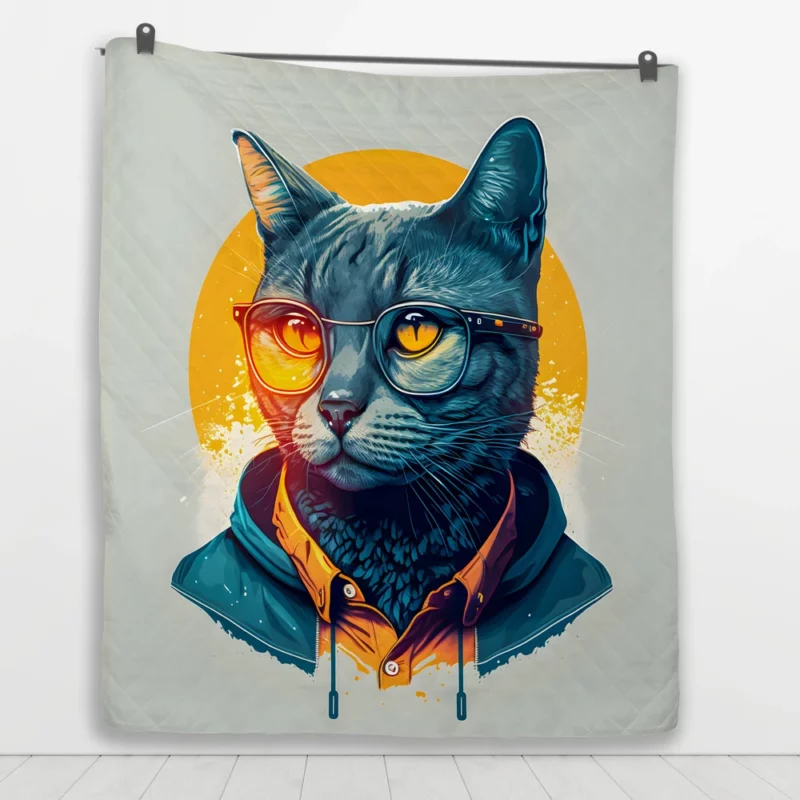 Cute Hipster Pop Art Cat Quilt Blanket 1