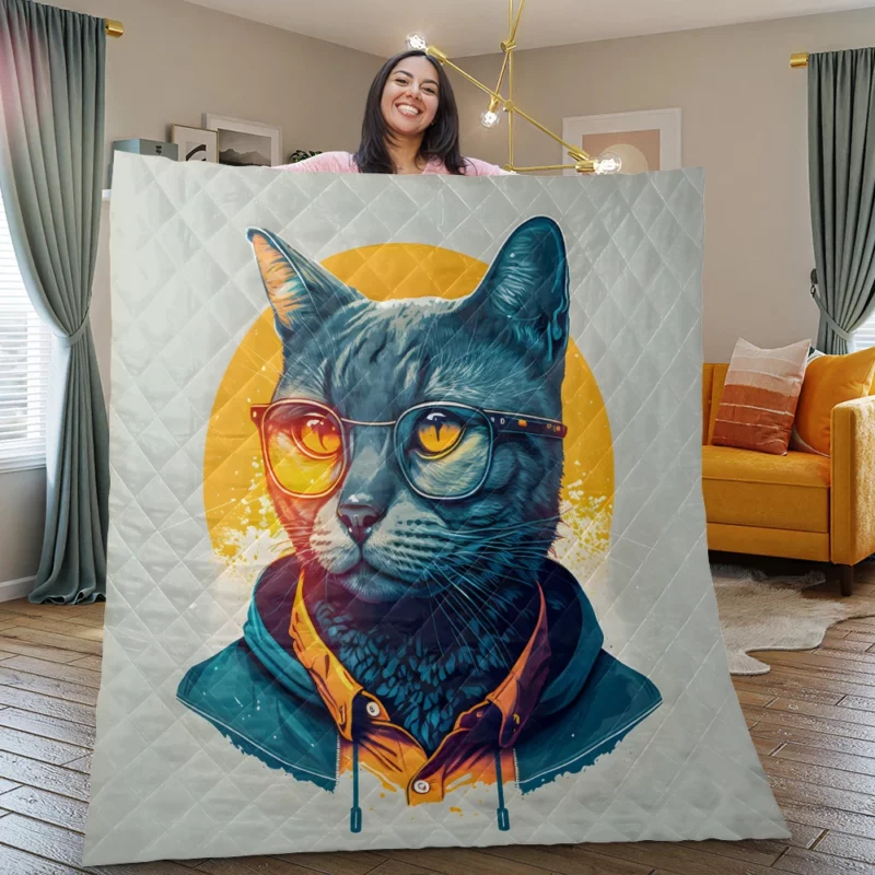 Cute Hipster Pop Art Cat Quilt Blanket