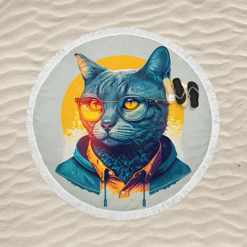 Cute Hipster Pop Art Cat Round Beach Towel