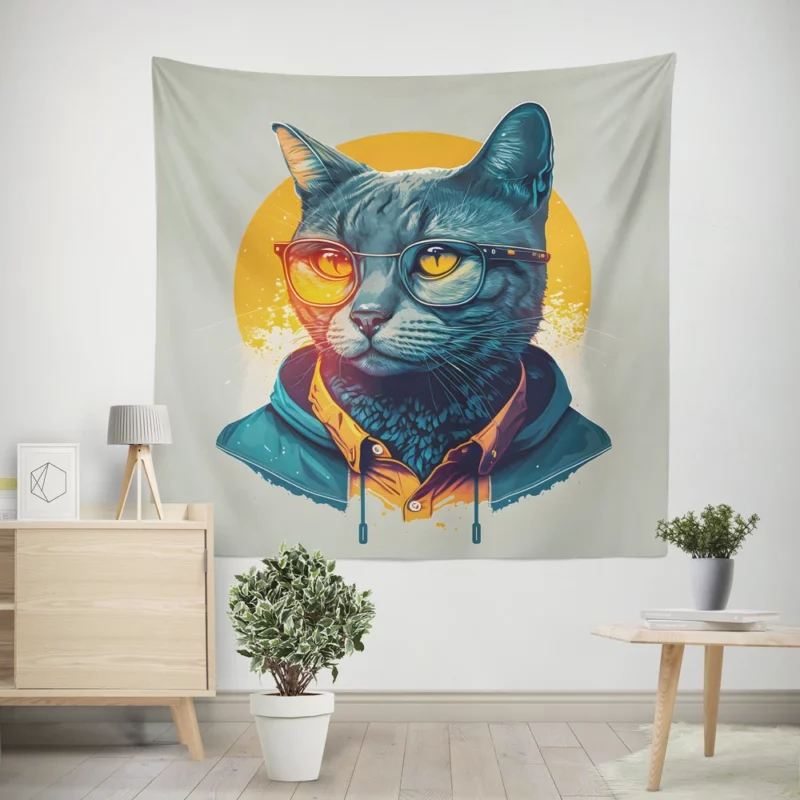 Cute Hipster Pop Art Cat Wall Tapestry