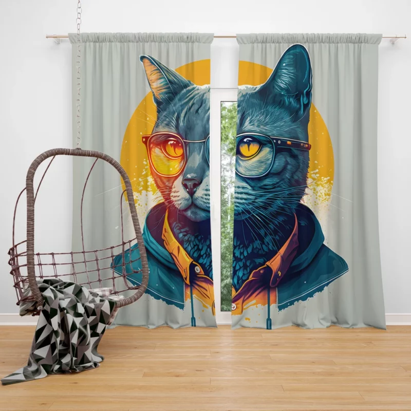 Cute Hipster Pop Art Cat Window Curtain