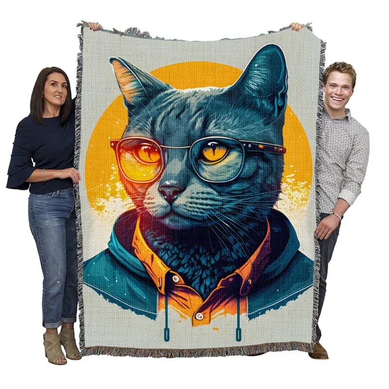 Cute Hipster Pop Art Cat Woven Blanket