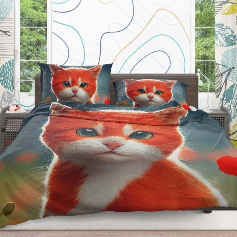 Cute Red and White Cat Bedding Set