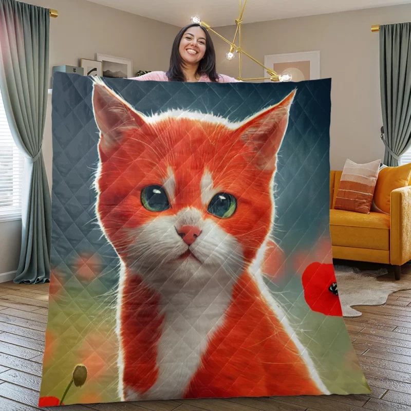 Cute Red and White Cat Quilt Blanket