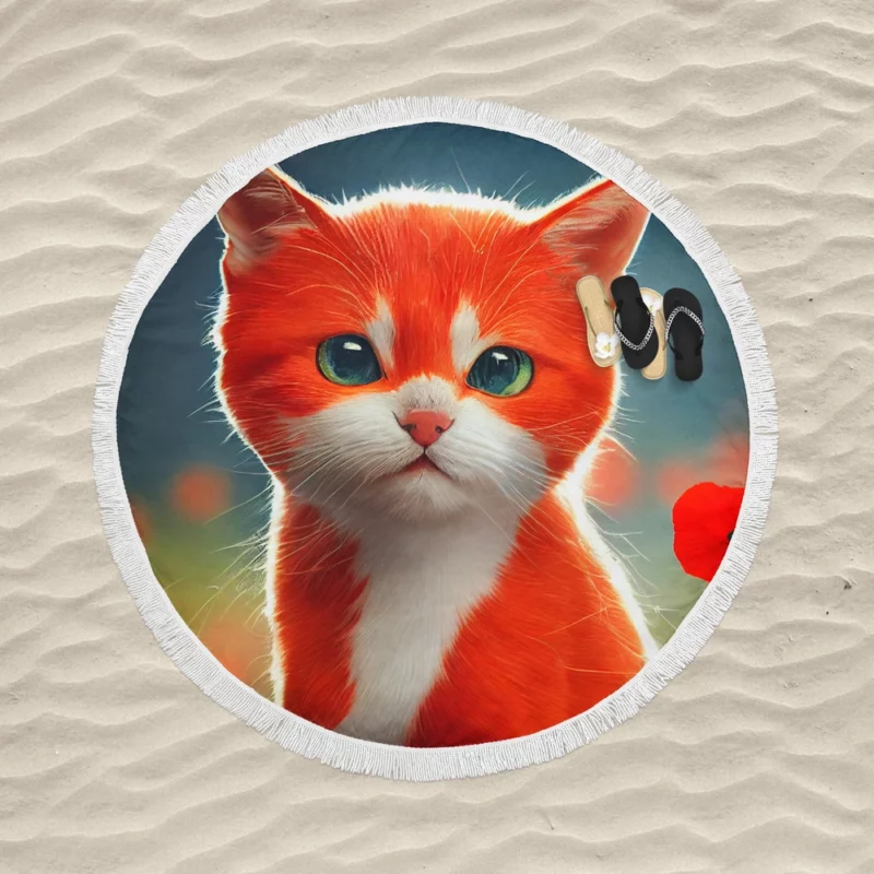 Cute Red and White Cat Round Beach Towel