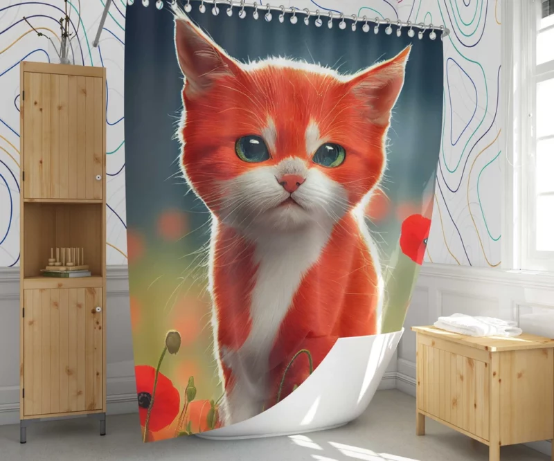 Cute Red and White Cat Shower Curtain 1