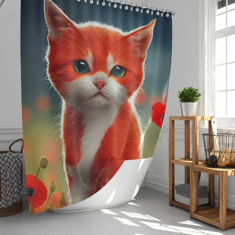 Cute Red and White Cat Shower Curtain