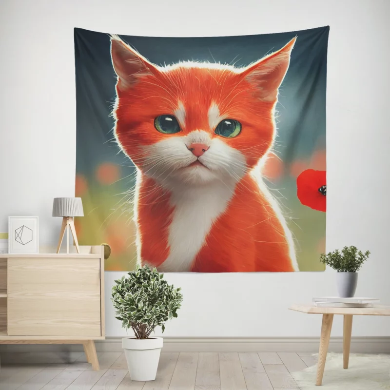 Cute Red and White Cat Wall Tapestry