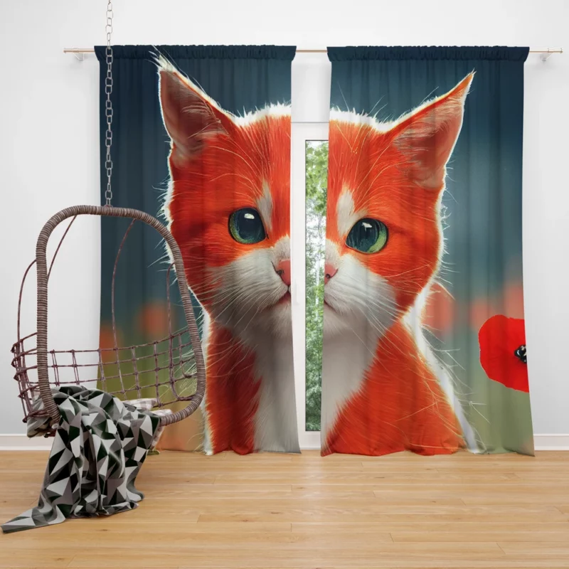 Cute Red and White Cat Window Curtain