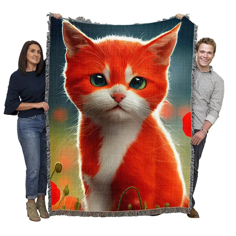 Cute Red and White Cat Woven Blanket