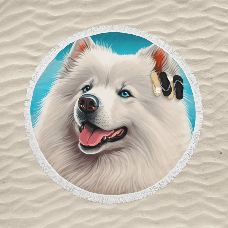 Cute Samoyed Dog Figurine Round Beach Towel