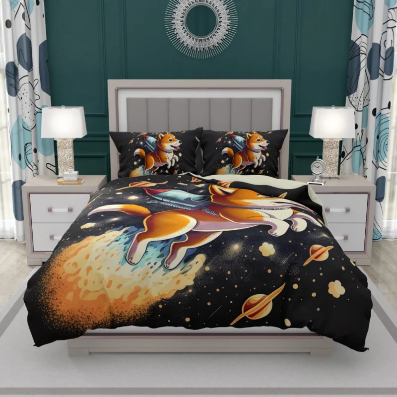 Cute Shiba Inu Space Rocket Print Bedding Set 1