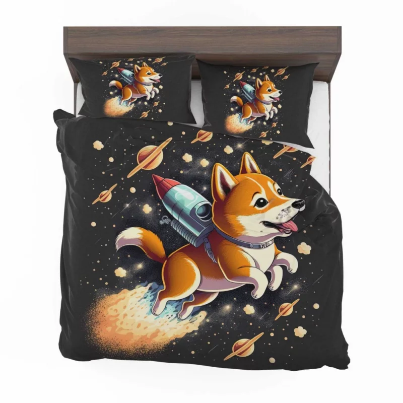 Cute Shiba Inu Space Rocket Print Bedding Set 2