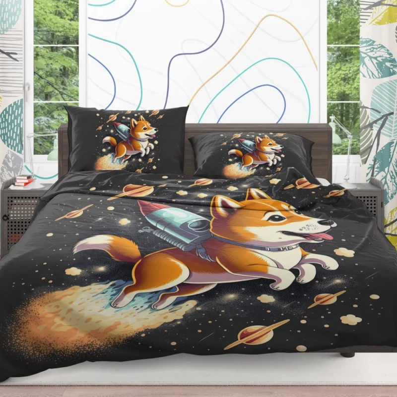 Cute Shiba Inu Space Rocket Print Bedding Set