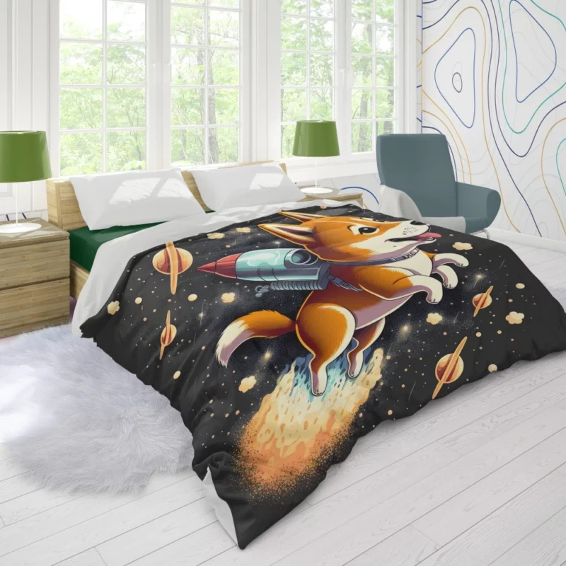 Cute Shiba Inu Space Rocket Print Duvet Cover