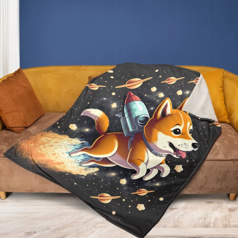 Cute Shiba Inu Space Rocket Print Fleece Blanket 1