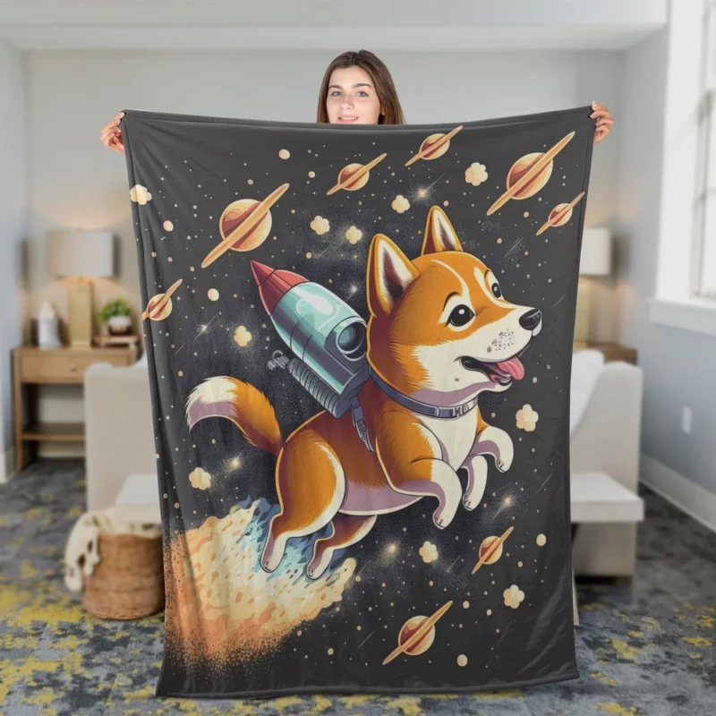 Cute Shiba Inu Space Rocket Print Fleece Blanket 2