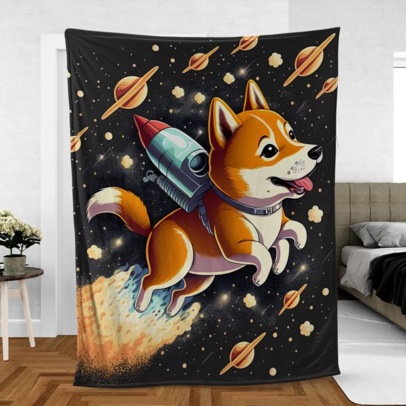 Cute Shiba Inu Space Rocket Print Fleece Blanket