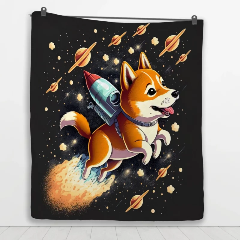 Cute Shiba Inu Space Rocket Print Quilt Blanket 1