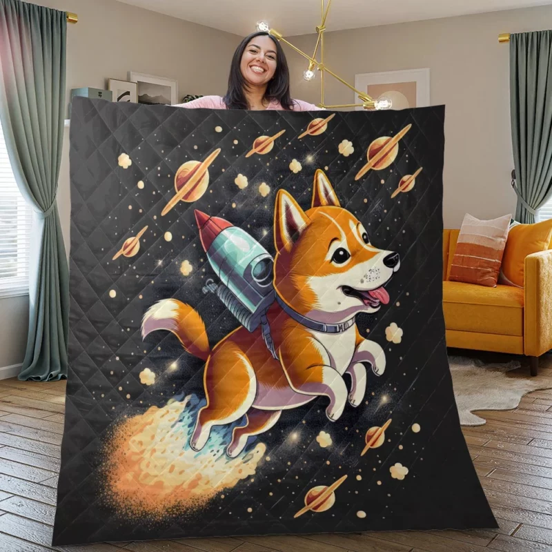 Cute Shiba Inu Space Rocket Print Quilt Blanket