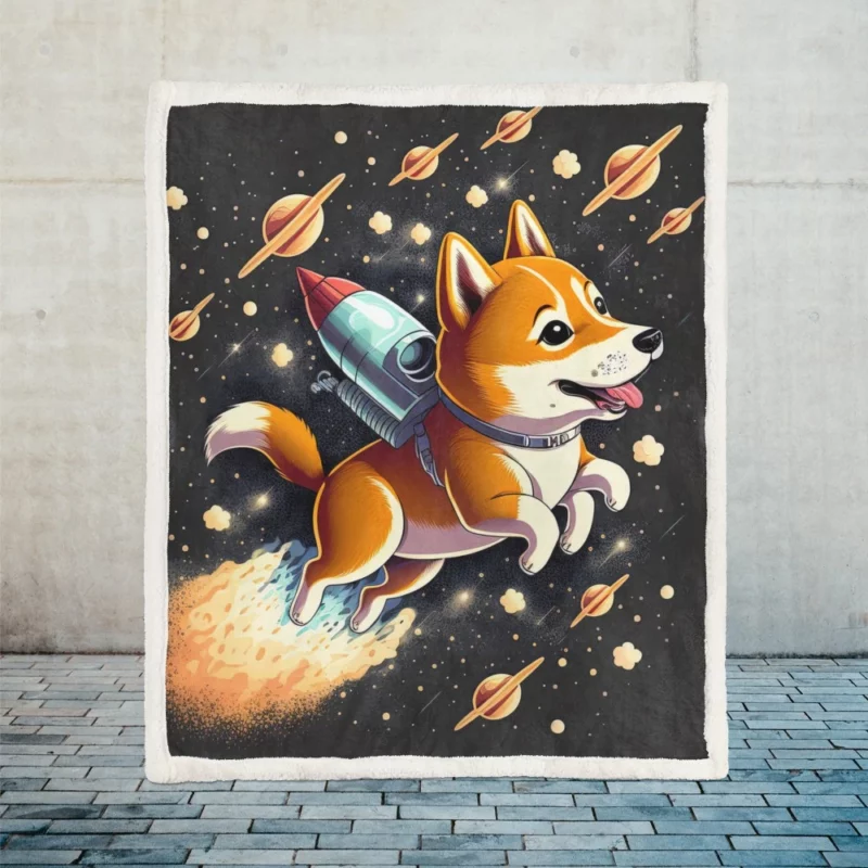 Cute Shiba Inu Space Rocket Print Sherpa Fleece Blanket