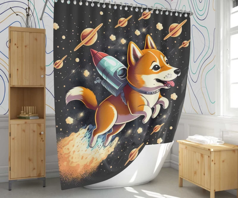 Cute Shiba Inu Space Rocket Print Shower Curtain 1