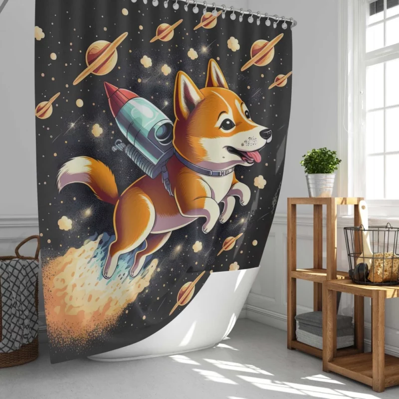 Cute Shiba Inu Space Rocket Print Shower Curtain