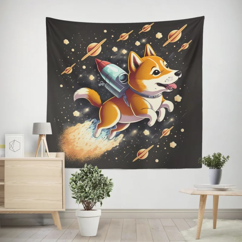 Cute Shiba Inu Space Rocket Print Wall Tapestry