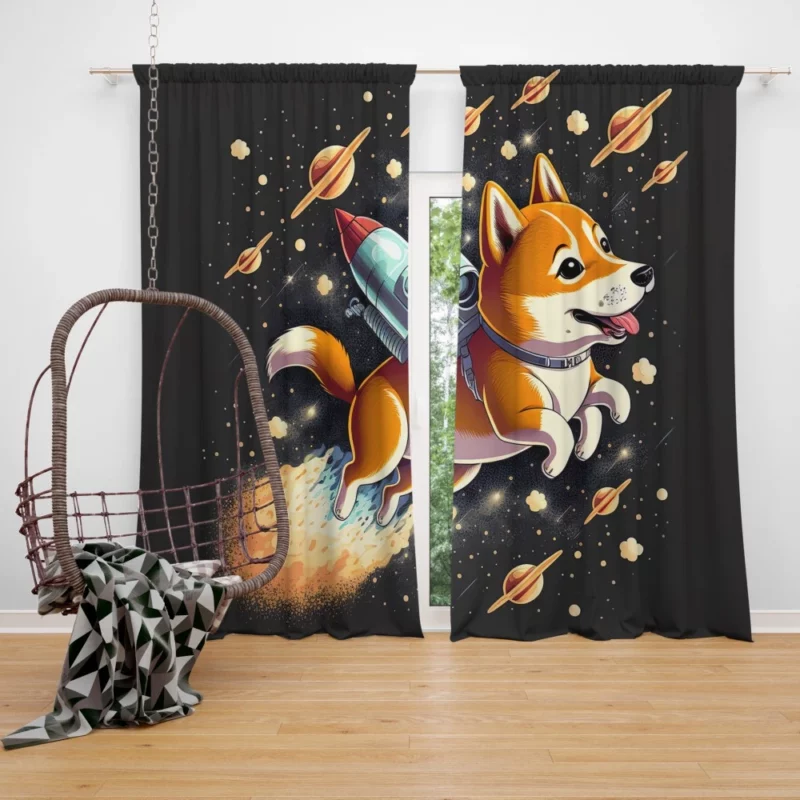 Cute Shiba Inu Space Rocket Print Window Curtain