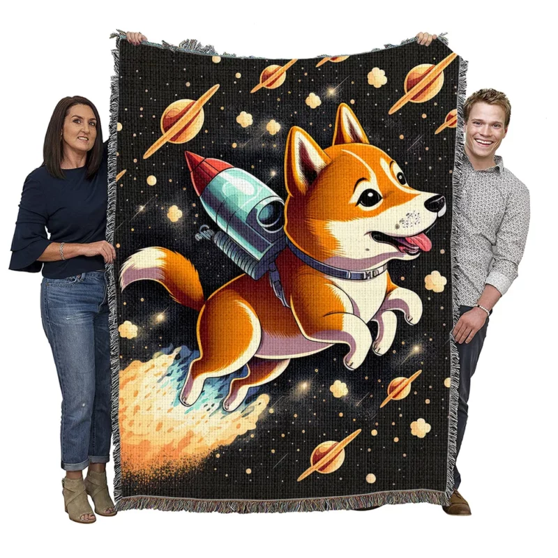 Cute Shiba Inu Space Rocket Print Woven Blanket