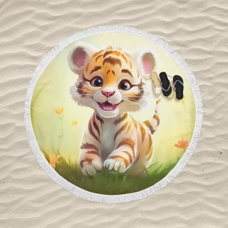 Cute Tiger Illustration Round Beach Towel