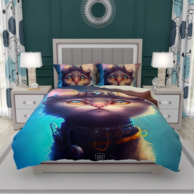 Cyber Cat in Digital Art Style Bedding Set 1