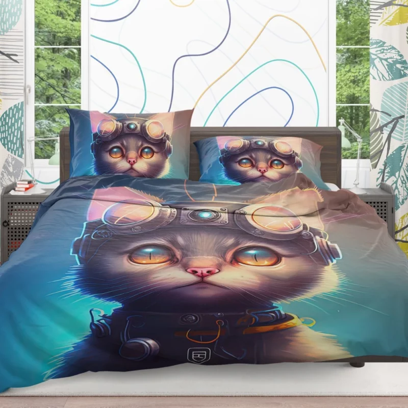 Cyber Cat in Digital Art Style Bedding Set