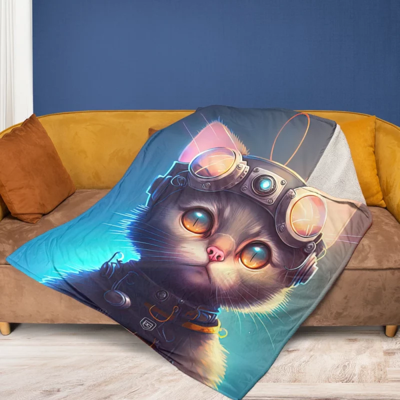 Cyber Cat in Digital Art Style Fleece Blanket 1