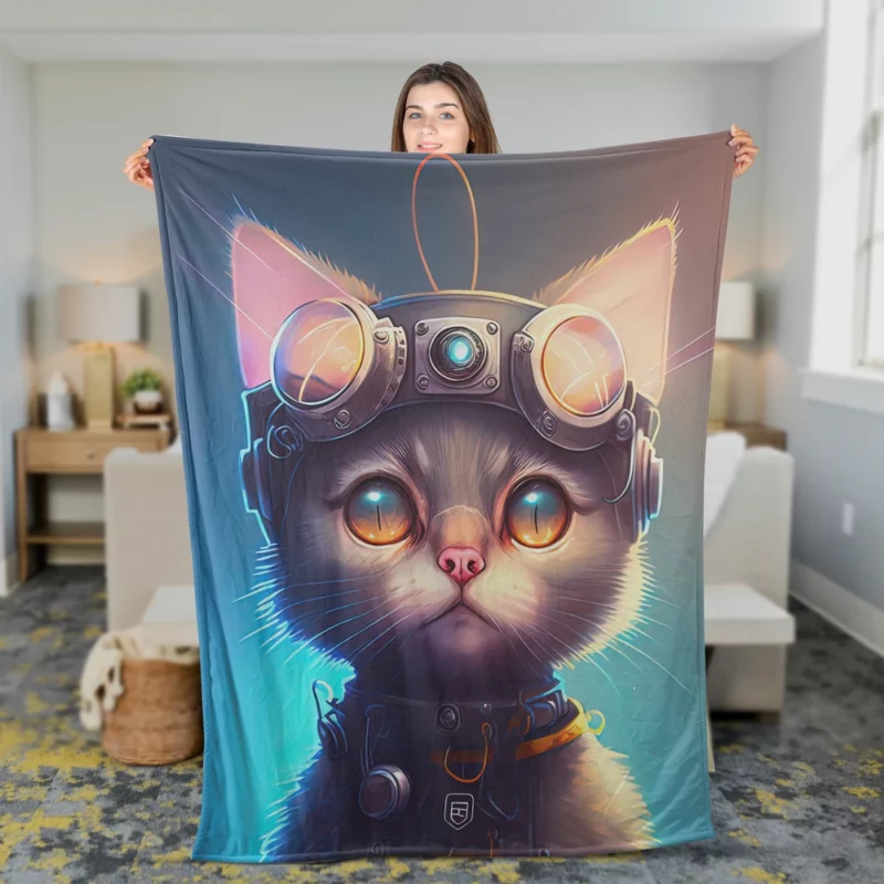 Cyber Cat in Digital Art Style Fleece Blanket 2