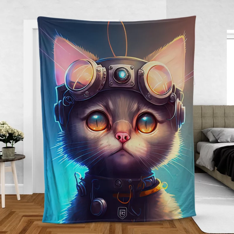 Cyber Cat in Digital Art Style Fleece Blanket