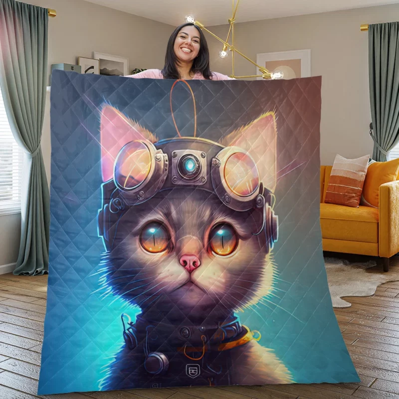 Cyber Cat in Digital Art Style Quilt Blanket