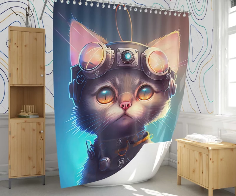 Cyber Cat in Digital Art Style Shower Curtain 1