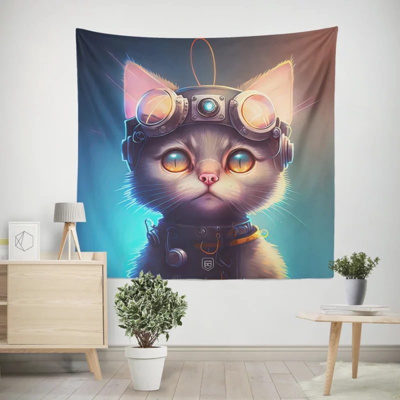 Cyber Cat in Digital Art Style Wall Tapestry