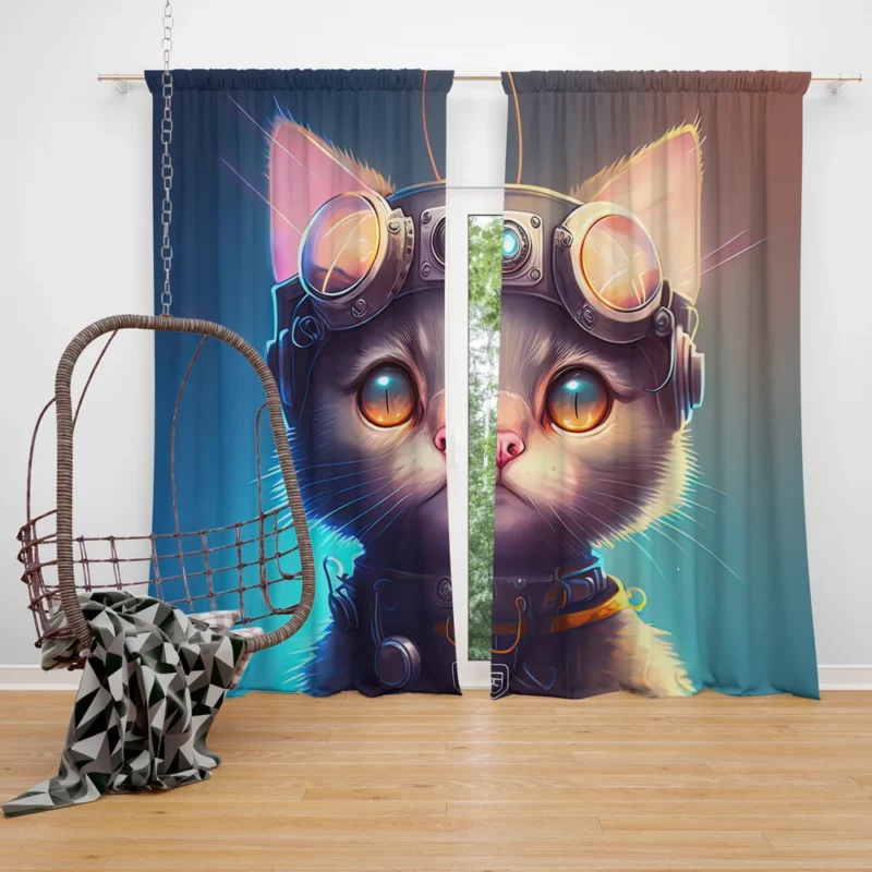 Cyber Cat in Digital Art Style Window Curtain