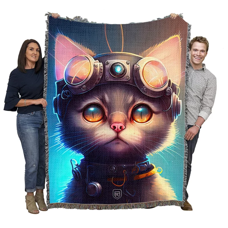 Cyber Cat in Digital Art Style Woven Blanket