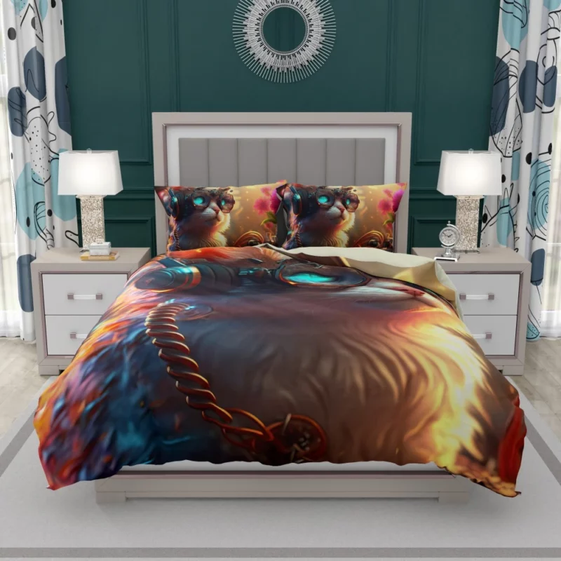 Cyber Cat with Electro Flowers Bedding Set 1