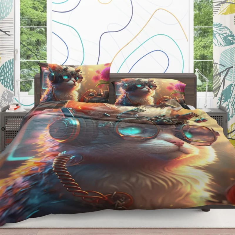 Cyber Cat with Electro Flowers Bedding Set