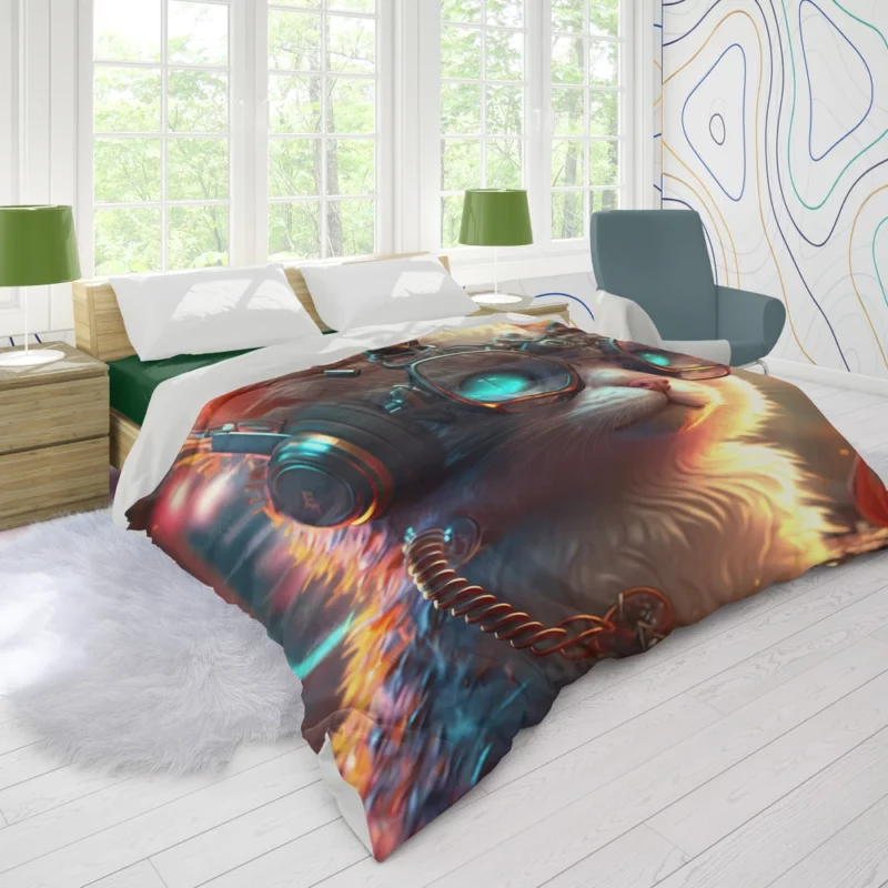 Cyber Cat with Electro Flowers Duvet Cover